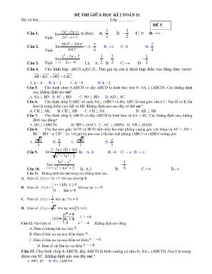 Đề thi Giữa học kì II môn Toán Lớp 11 - Đề 01